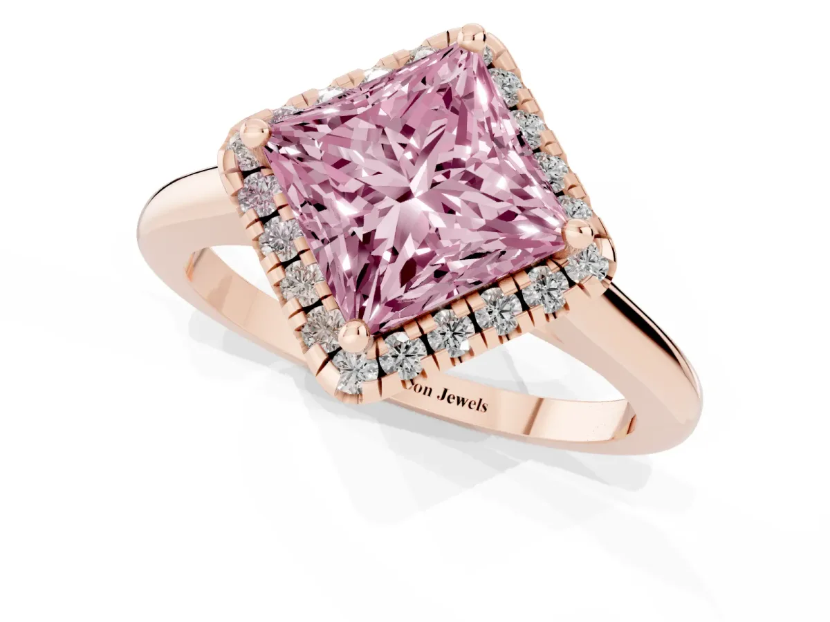 Fancy Pink Princess Cut Halo Round Diamond Solitaire Engagement Ring with Pave Band and Four-Prong Setting Rose gold