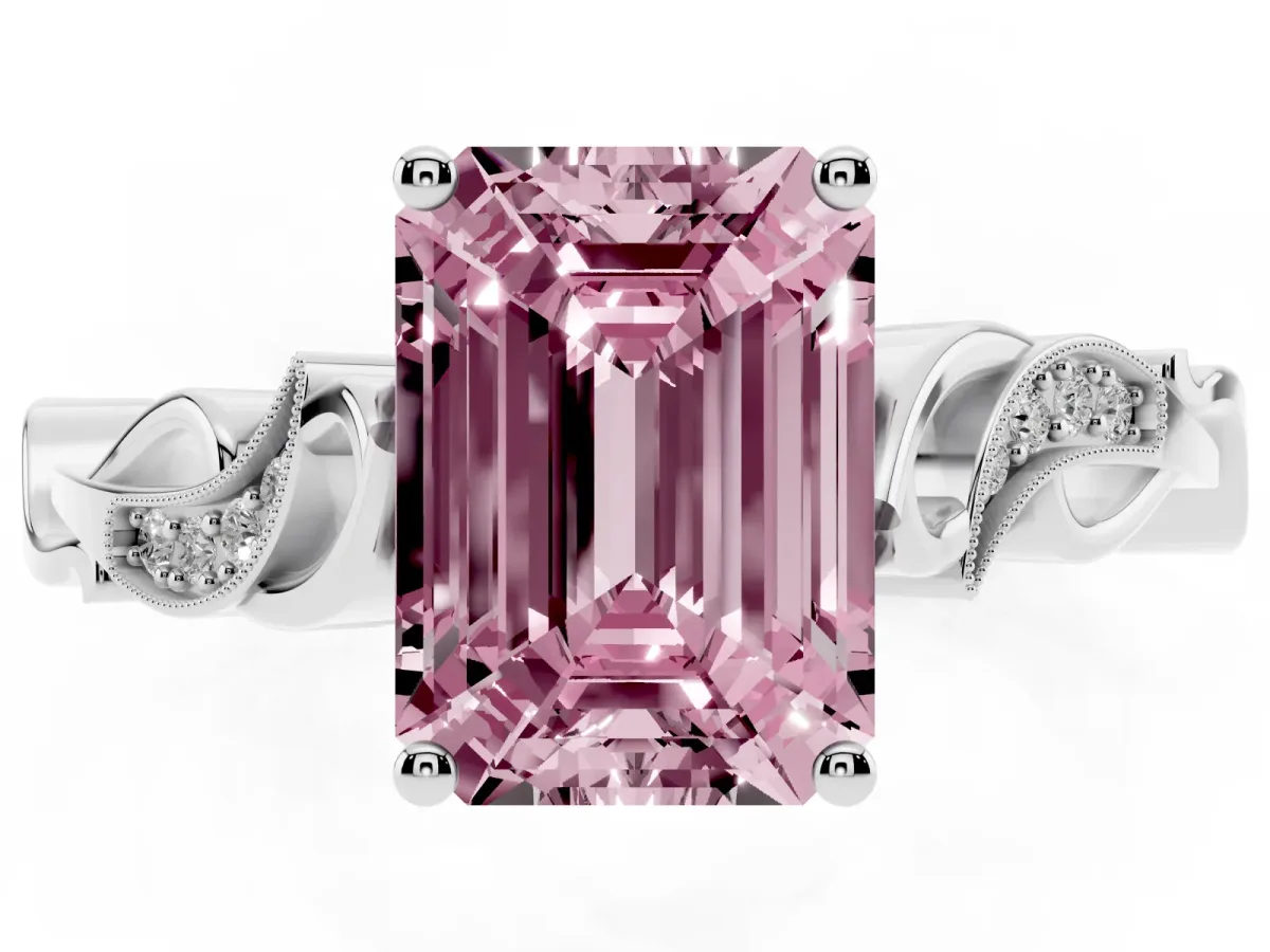 Fancy Pink Emerald Cut Solitaire Vine Band with Milgrain Prong Setting Silver