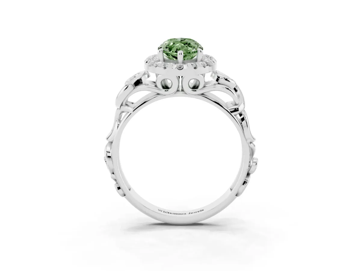 Fancy Green Marquise Cut Cut Halo Diamond Ring with Scrollwork Band and Four-Prong Setting Platinum