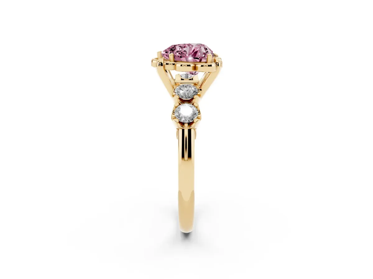 Fancy Pink Heart Cut Cut Diamond Floral Halo Engagement Ring with Shared Prong Setting Yellow gold