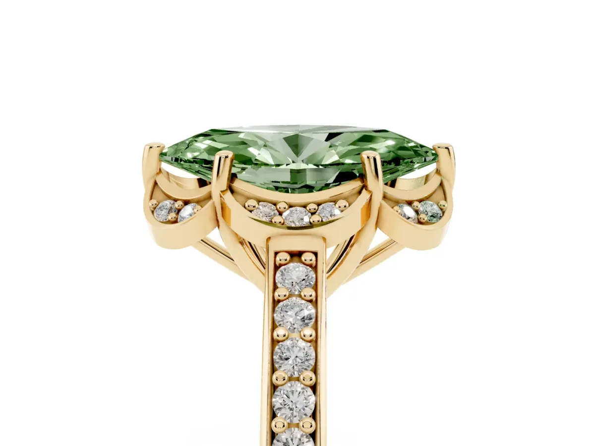 Fancy Green Marquise Cut Cut Halo Diamond Ring with Channel Set Band and Four-Prong Setting Yellow gold