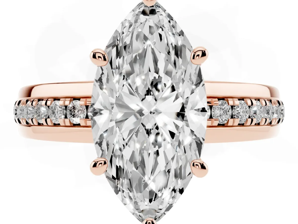 Marquise Cut Solitaire Diamond Ring with Channel Set Band and Six-Prong Setting Rose gold