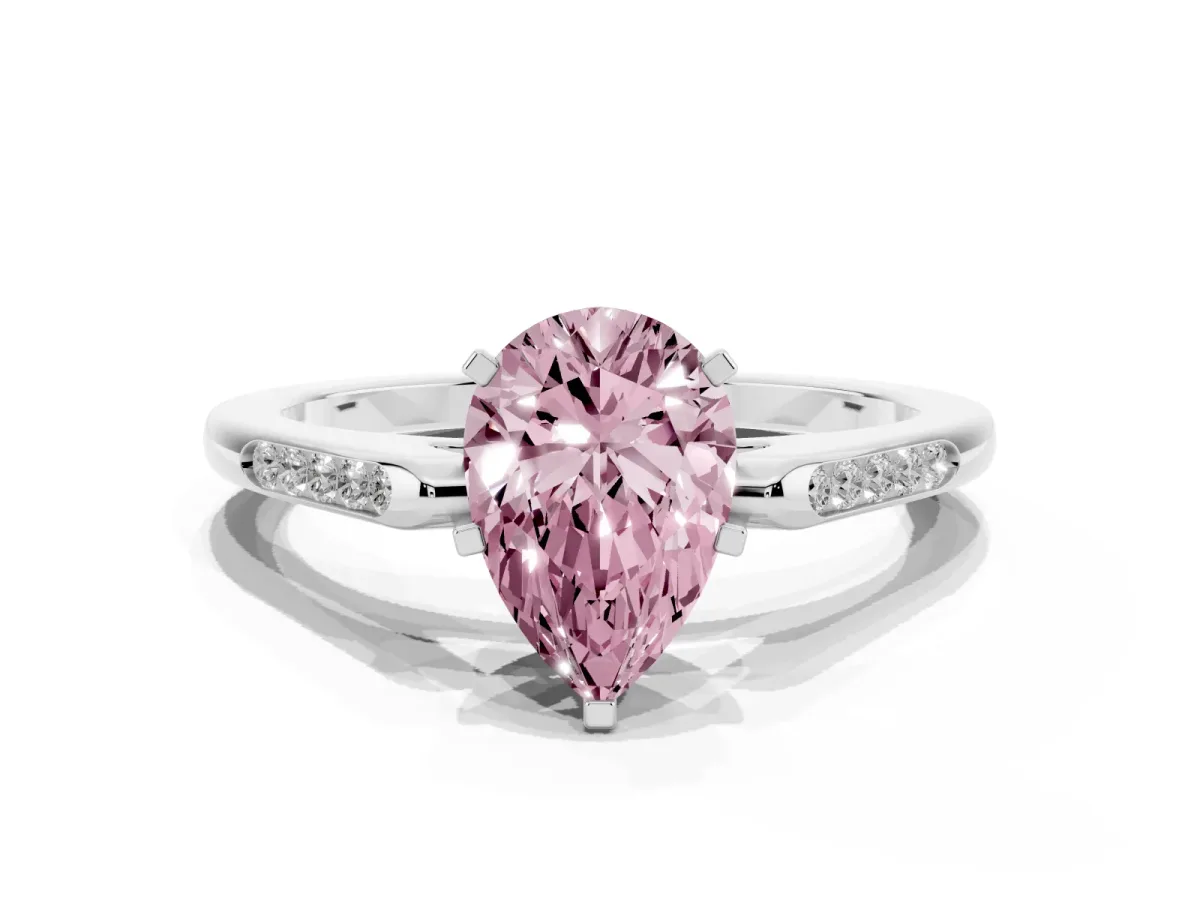 Fancy Pink Pear Cut Diamond Solitaire Ring with Channel Set Round Band and Prong Setting Silver