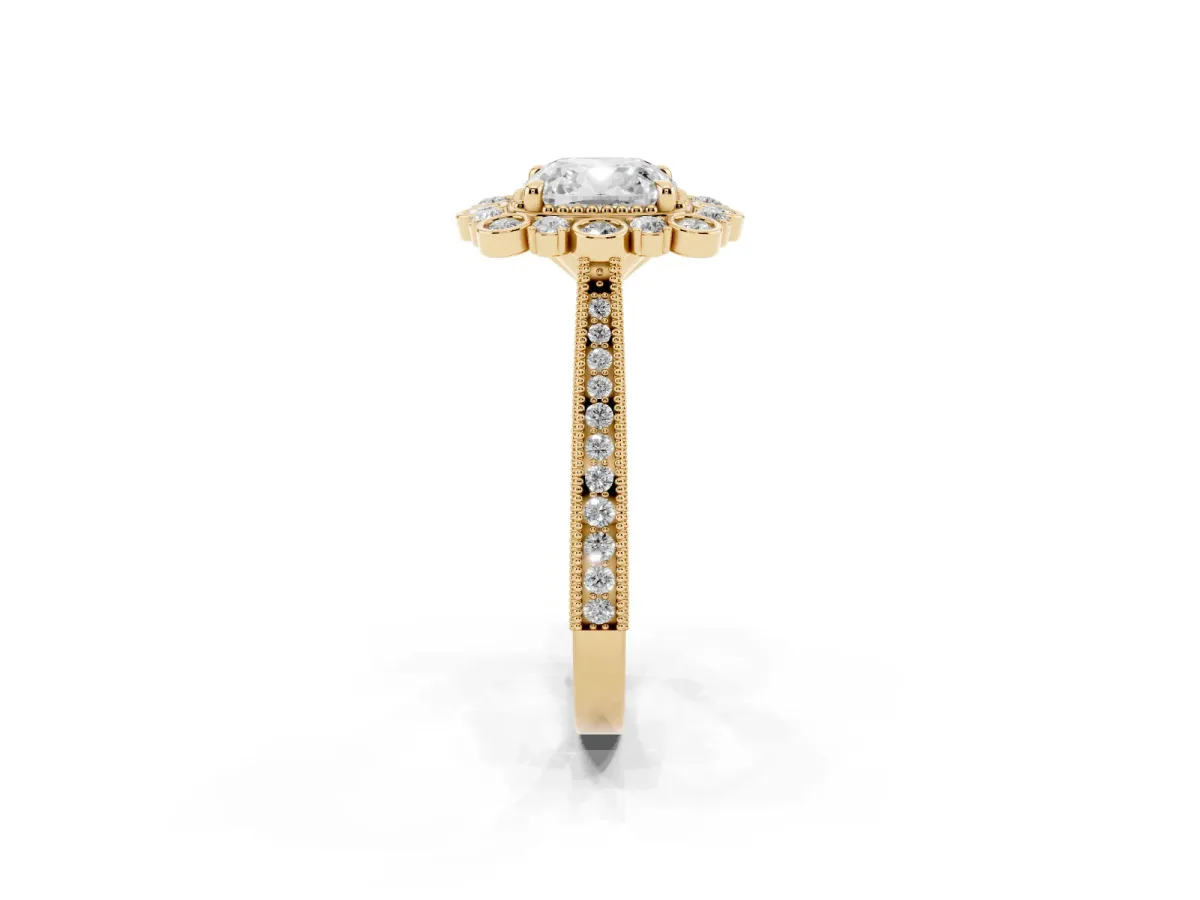 Cushion Cut Halo Milgrain Pave Diamond Ring with Four-Prong Setting Yellow gold