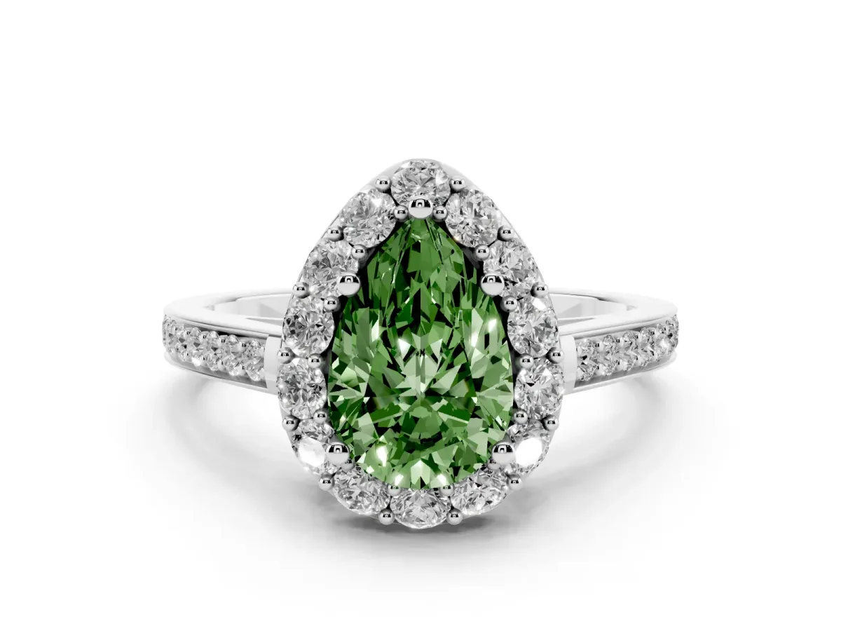 Fancy Green Pear Cut Diamond Floral Halo Ring with Pavé Band and Prong Setting White gold