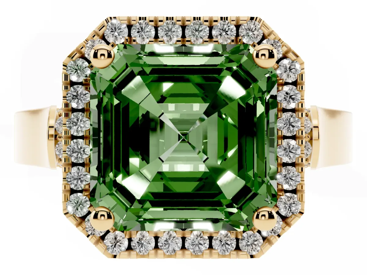 Fancy Green Asscher Cut Halo Pave Split Shank Prong Setting Ring Yellow gold