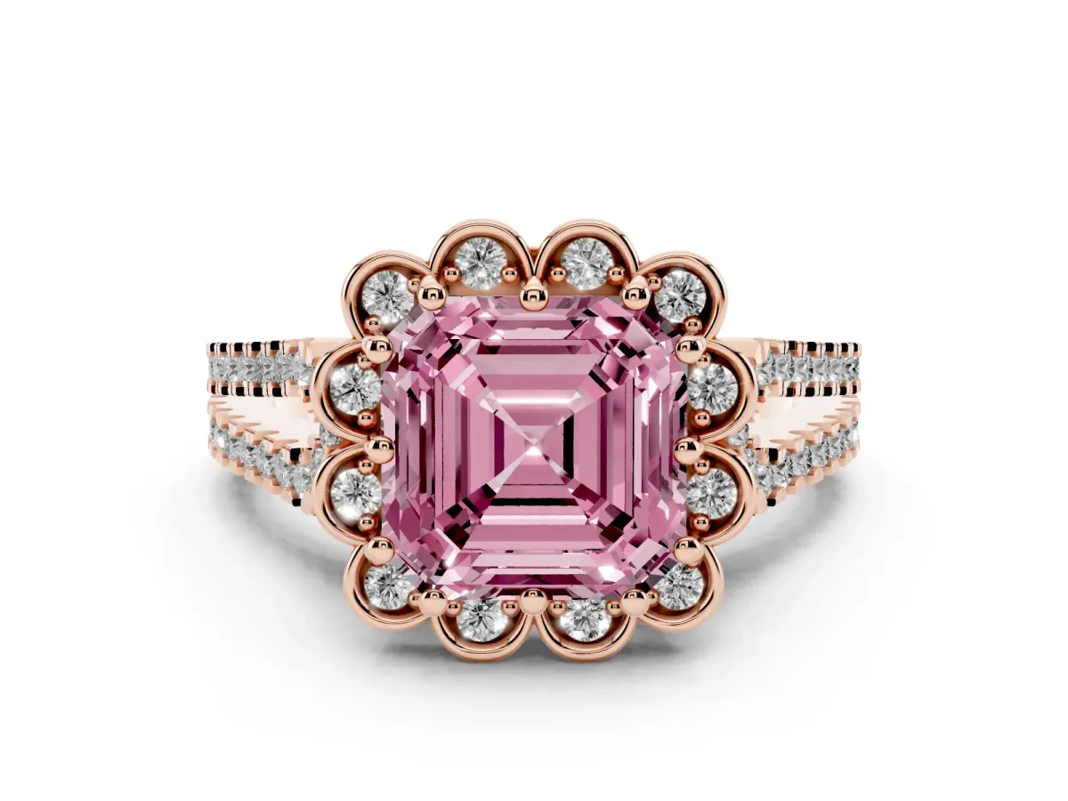 Fancy Pink Asscher Cut Halo Diamond Floral Split Shank Engagement Ring Rose gold