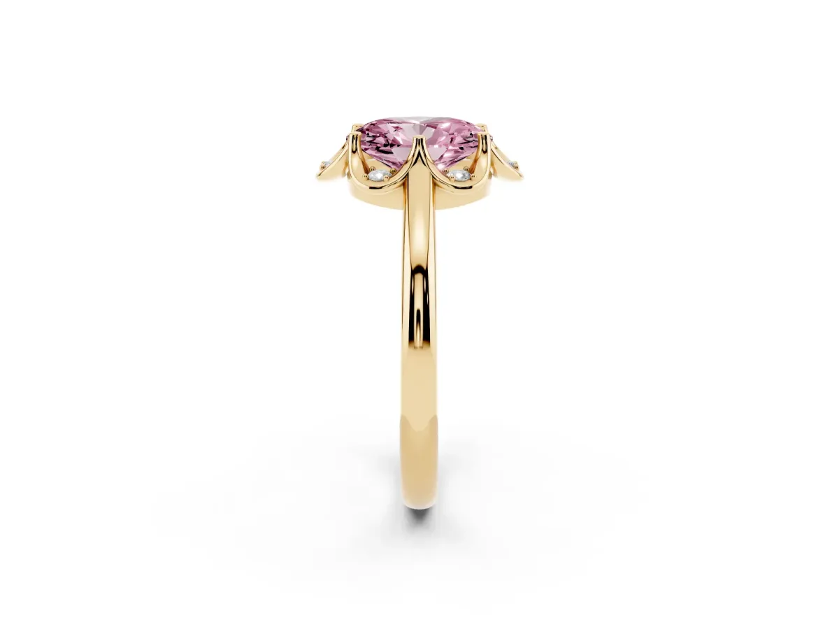 Fancy Pink Oval Cut Halo Diamond Ring with Round Cluster Setting, Solitaire Band, and Four-Prong Setting Yellow gold