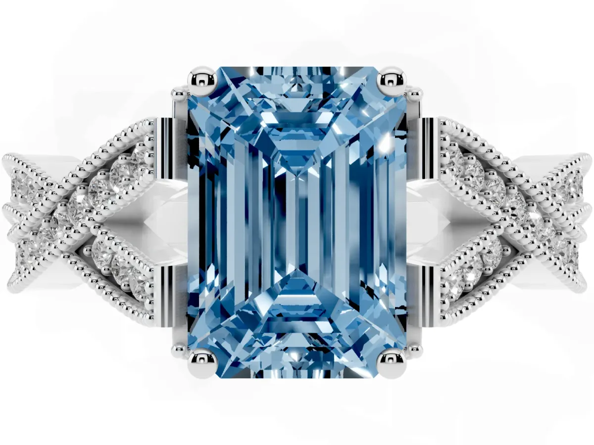 Fancy Blue Emerald Cut Cut Diamond Twisted Band with Milgrain Pave Setting and Four-Prong Setting Silver