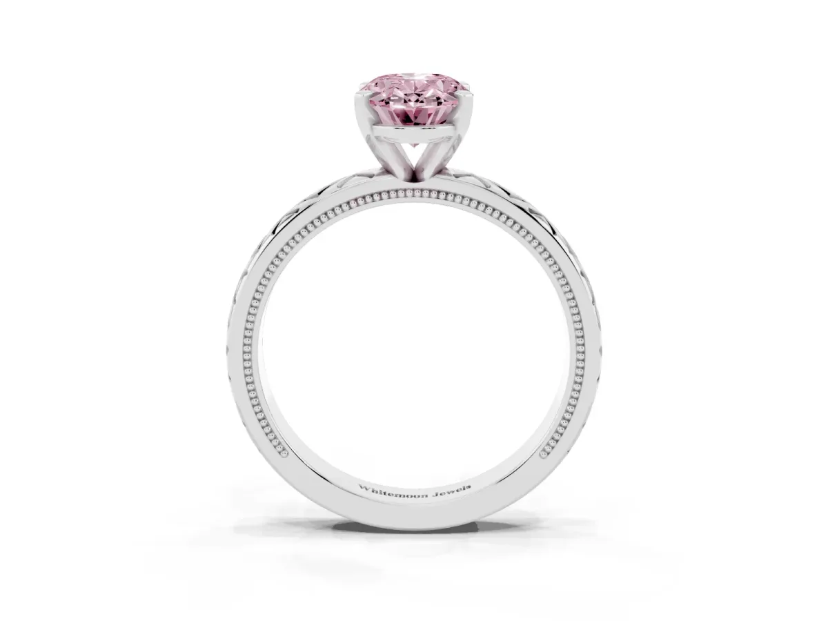 Fancy Pink Oval Cut Solitaire Diamond Ring with Milgrain and Black Enamel X Pattern Band Silver