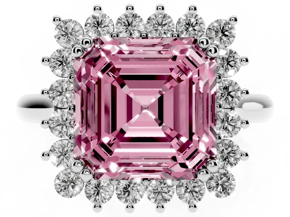 Fancy Pink Asscher Cut Cut Diamond Halo Ring with Solitaire Band and Prong Setting Platinum