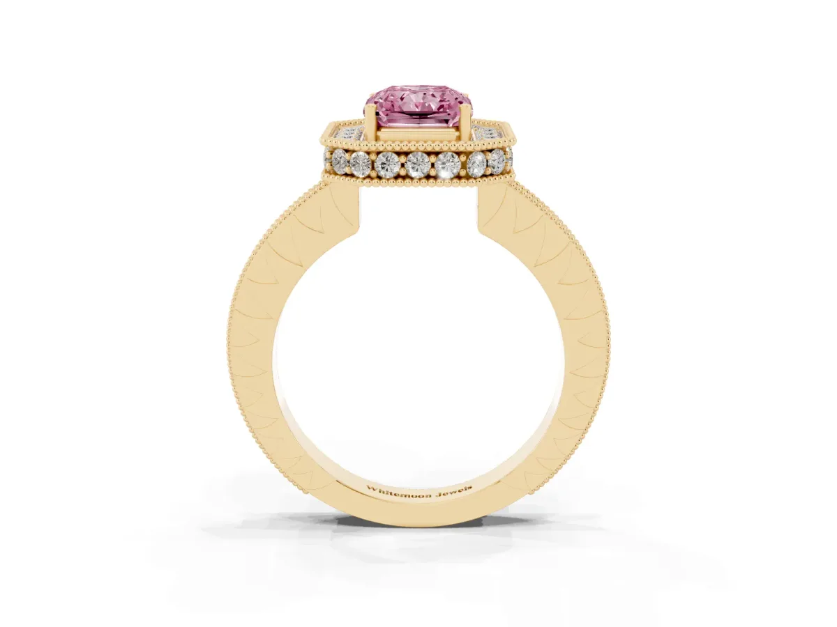 Fancy Pink Radiant Cut Diamond Milgrain Halo Engagement Ring with Round Pavé Band and Prong Setting Yellow gold