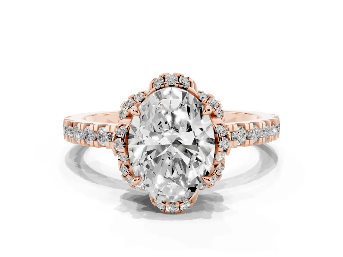 Oval Cut Halo Diamond Pave Band Ring with Four-Prong Setting Rose gold