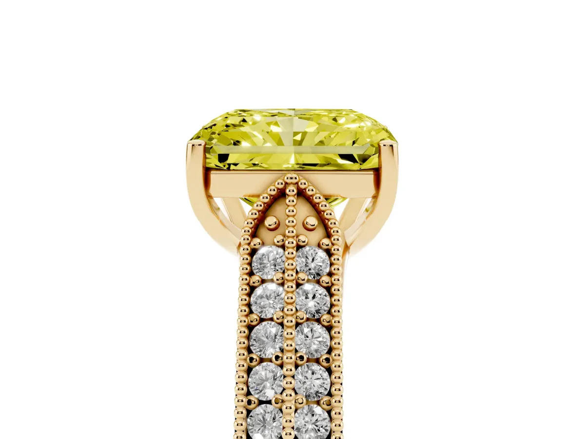 Fancy Yellow Radiant Cut Cut Pave Split Shank Engagement Ring with Four-Prong Setting Yellow gold