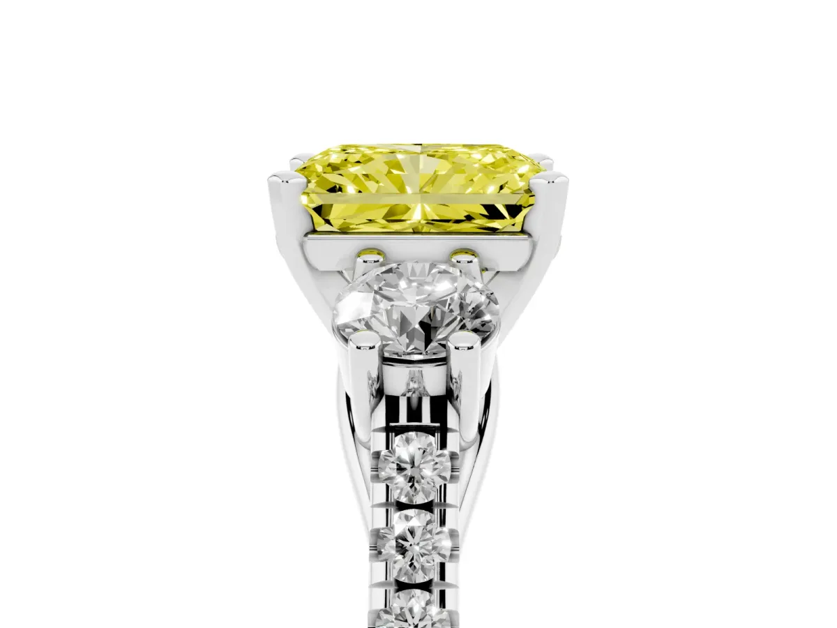 Fancy Yellow Three-Stone Radiant Cut Diamond Pavé Band with Four-Prong Setting Silver