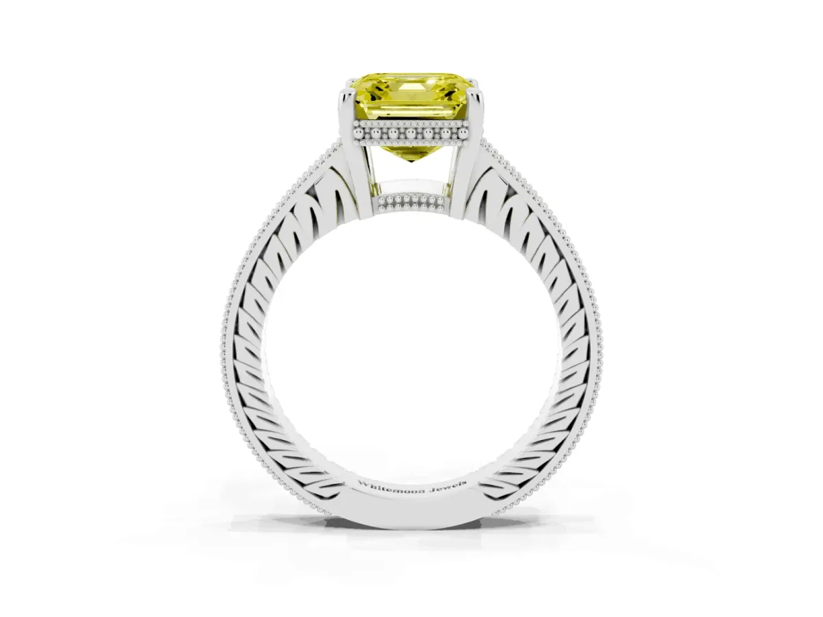 Fancy Yellow Asscher Cut Solitaire Pavé Diamond Milgrain Engagement Ring with Four-Prong Setting Silver