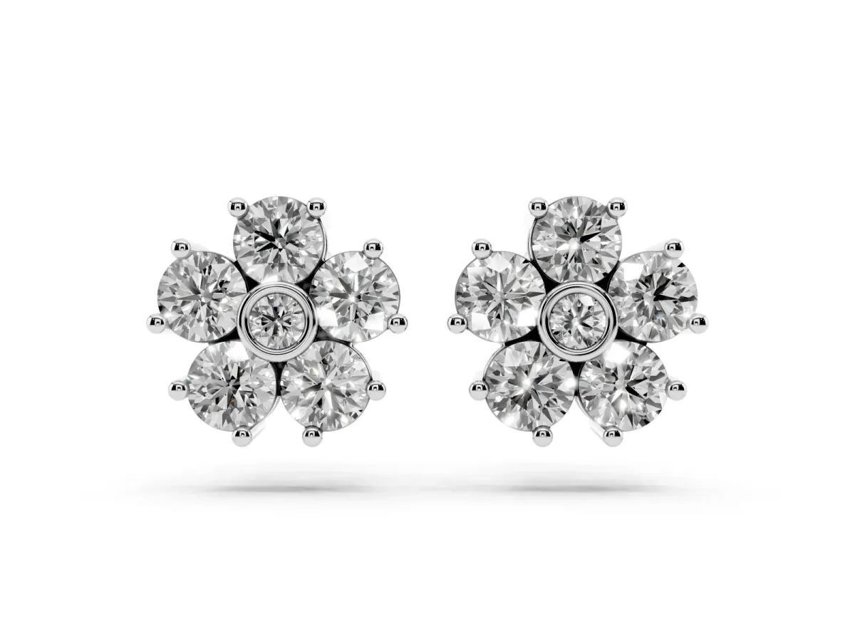 Round Diamond Flower Stud Earrings with Diamond Accent White gold