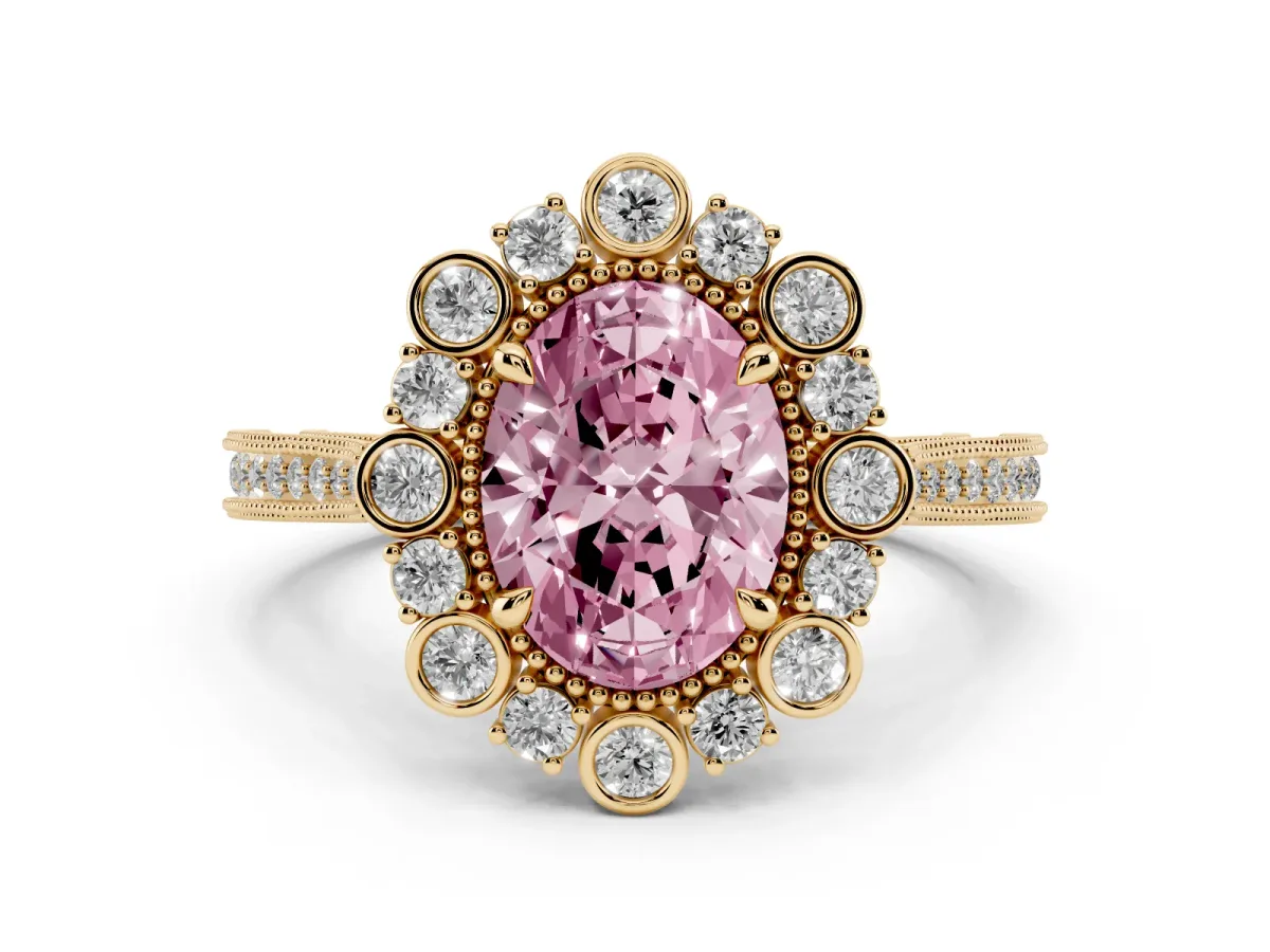 Fancy Pink Oval Cut Halo Milgrain Pave Diamond Ring with Four-Prong Setting Yellow gold