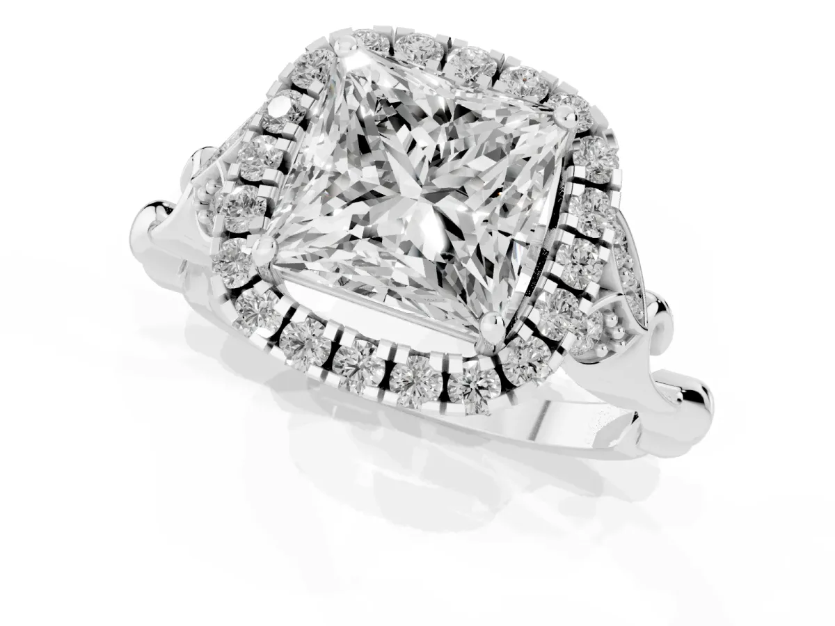 Princess Cut Halo Diamond Engagement Ring with Vintage-Inspired Band and Four-Prong Setting Silver