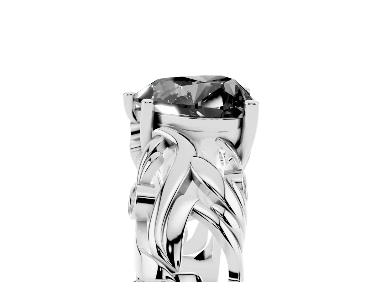 Fancy Black Heart Cut Solitaire Diamond Leaf-Inspired Vine Band Ring with Prong Setting Silver