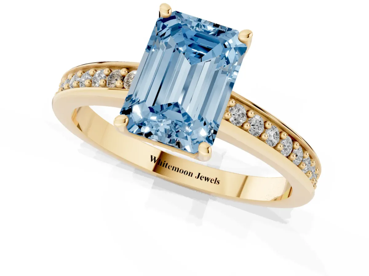 Fancy Blue Emerald Cut Solitaire Pavé Band Prong Setting Ring Yellow gold