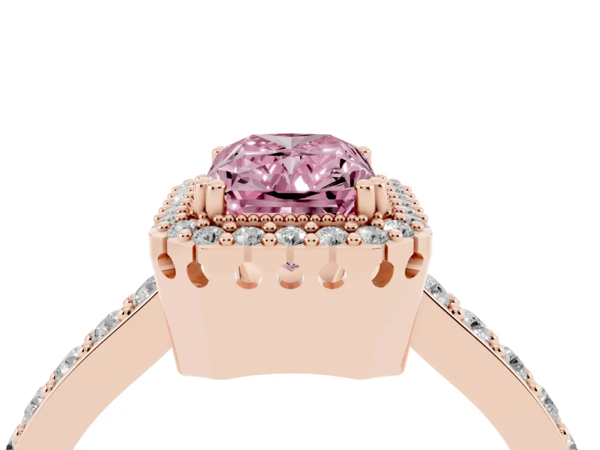 Fancy Pink Radiant Cut Cut Diamond Halo Engagement Ring with Milgrain Detail and Pavé Band Rose gold