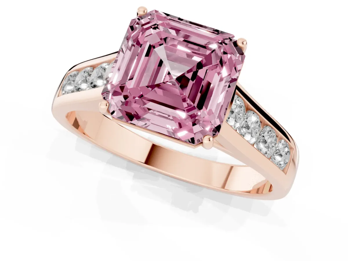 Fancy Pink Asscher Cut Brilliant Channel-Set Solitaire Ring with Four-Prong Setting Rose gold