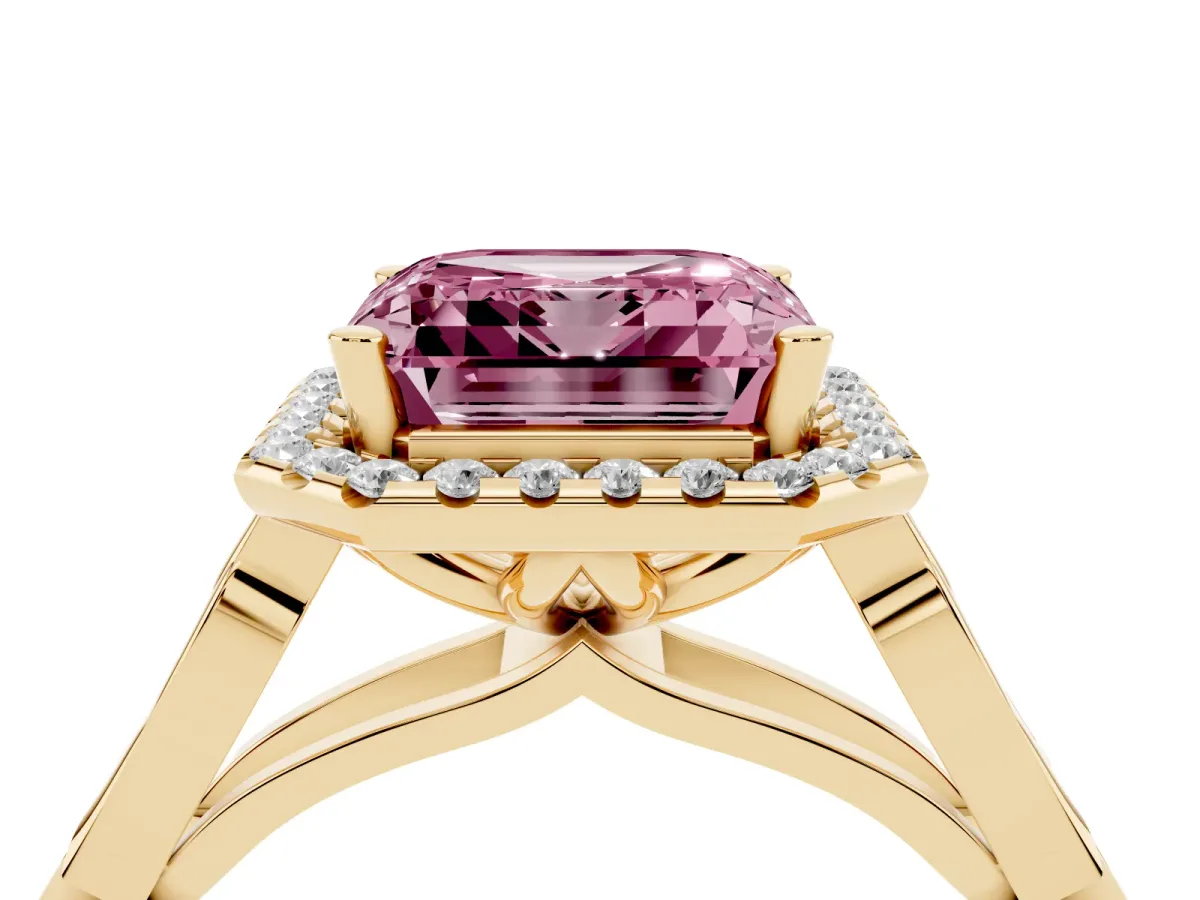Fancy Pink Asscher Cut Halo Diamond Engagement Ring with Filigree Band and Four-Prong Setting Yellow gold