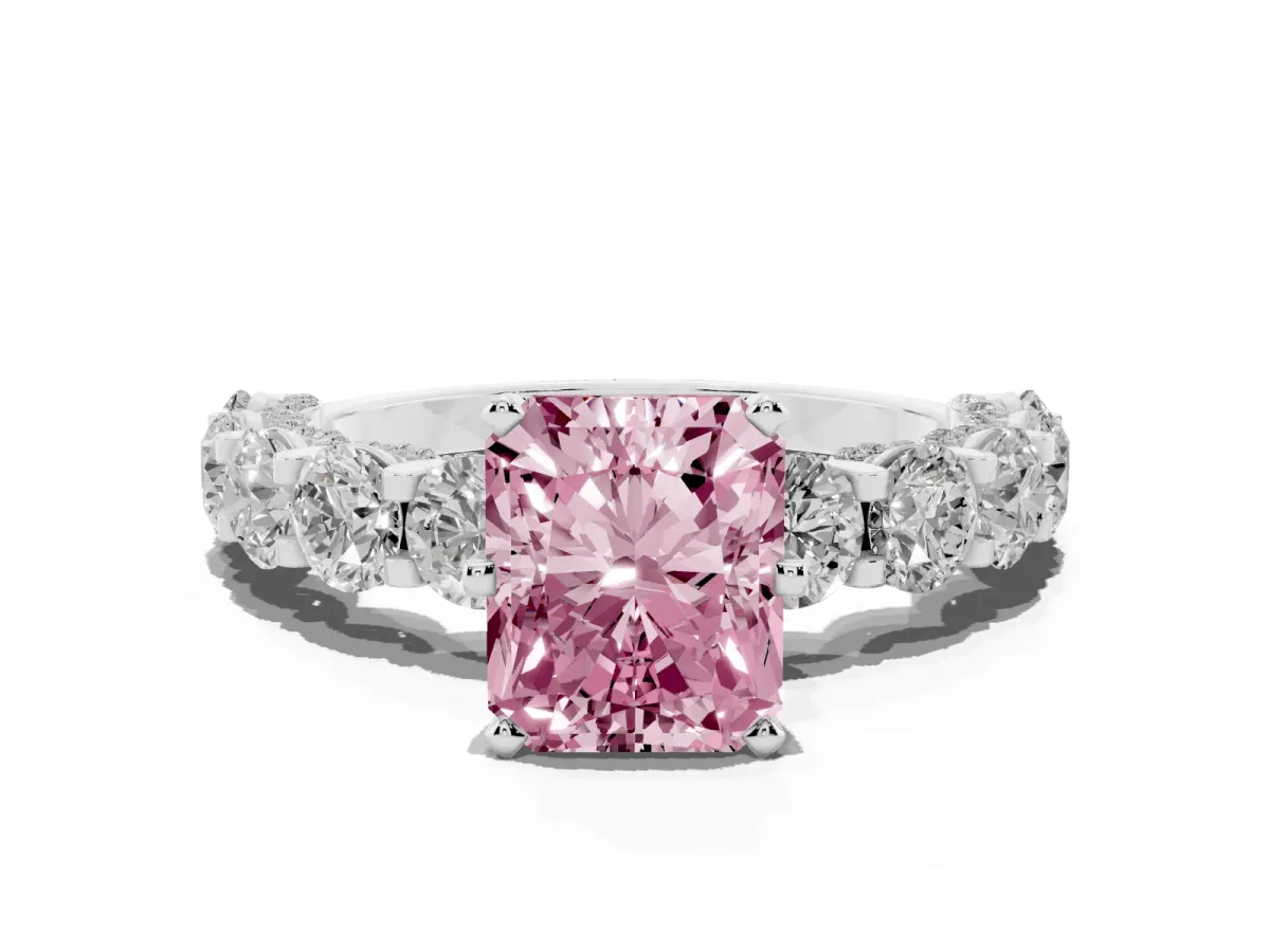 Fancy Pink Radiant Cut Diamond Side Stone Engagement Ring with Four-Prong Setting Silver