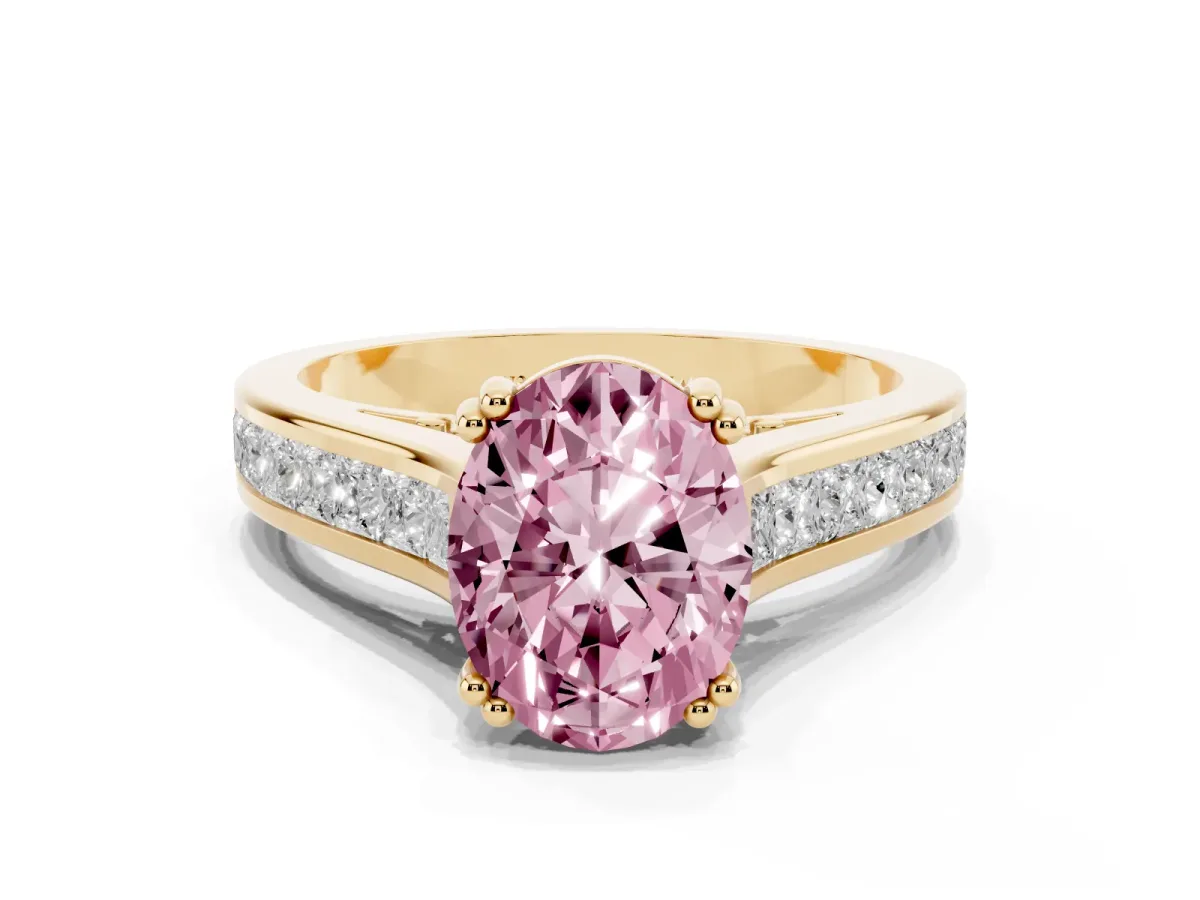 Fancy Pink Oval Cut Cut Channel Set Solitaire Engagement Ring with Prong Setting Yellow gold
