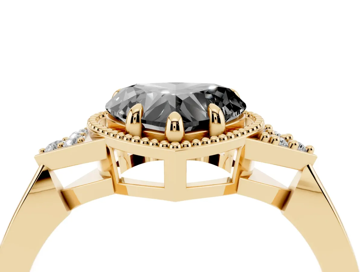 Fancy Black Hexagonal Halo Heart Cut Diamond Solitaire with Pavé Band and Four-Prong Setting Yellow gold