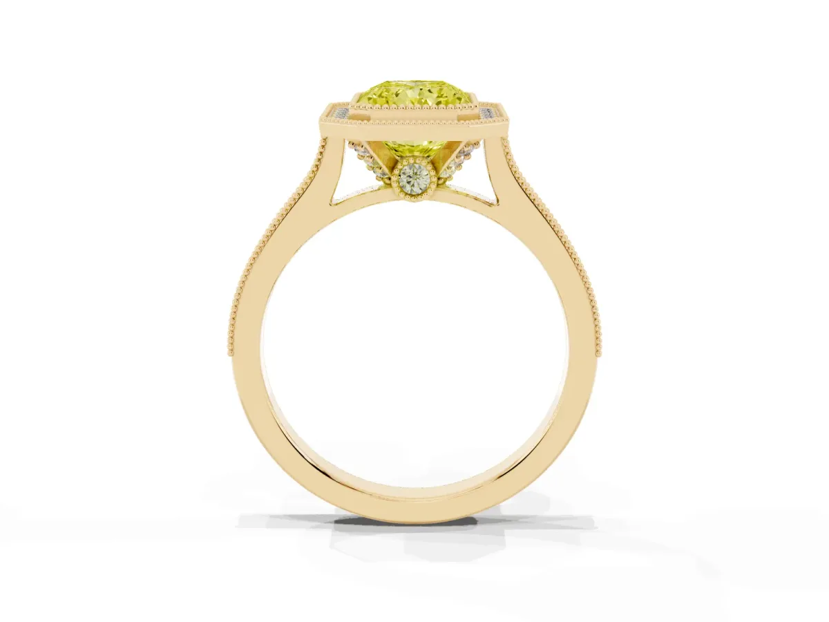 Fancy Yellow Halo Radiant Cut-Cut Diamond Pave Band Milgrain Prong Setting Ring Yellow gold