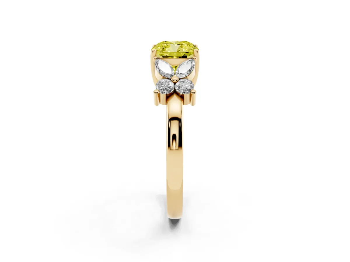 Fancy Yellow Cushion Cut Diamond Floral Cluster Ring with Solitaire Band and Prong Setting Yellow gold