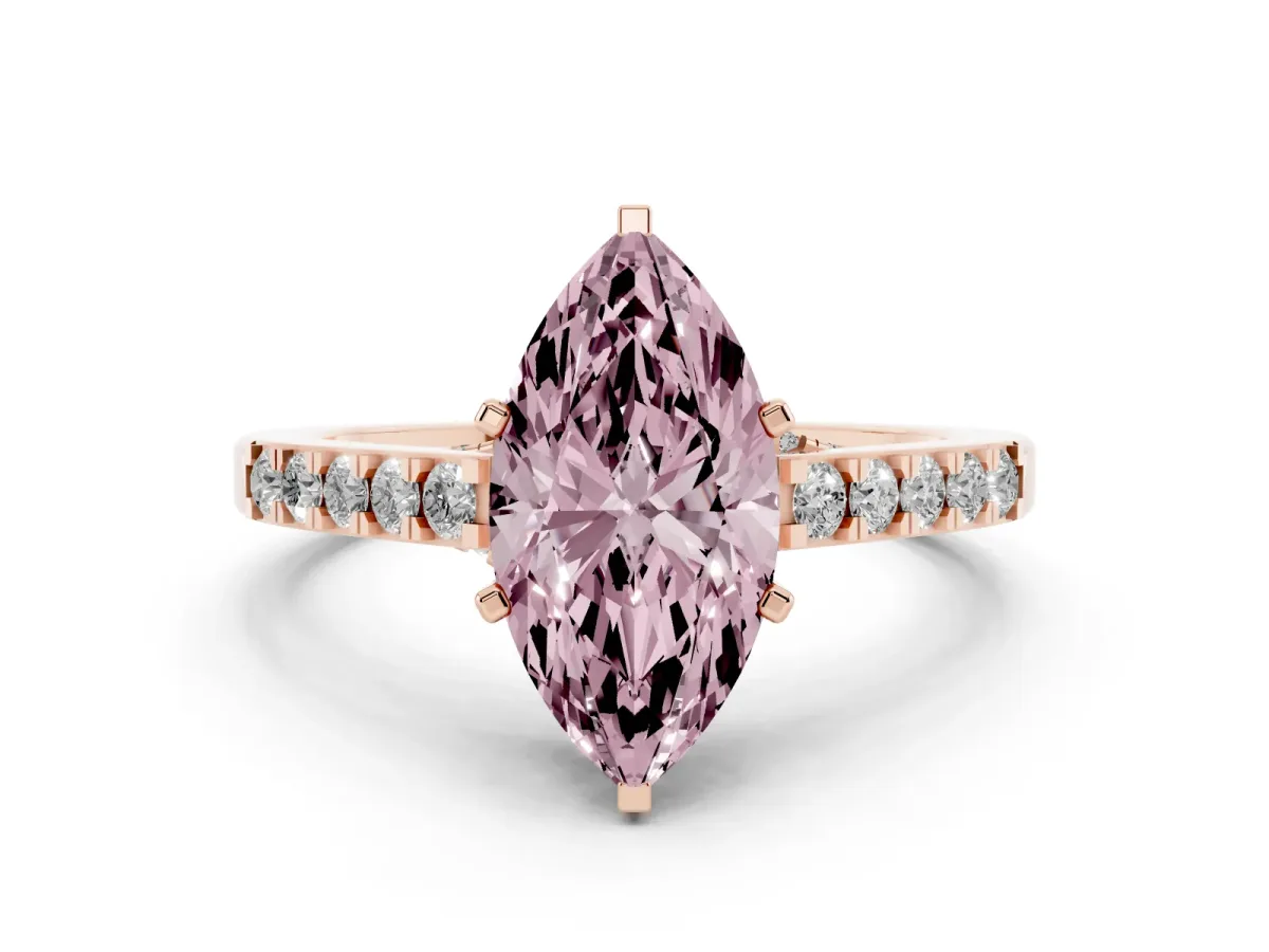 Fancy Pink Marquise Cut Diamond Solitaire Ring with Crossover Gallery and Round Pavé Band Rose gold