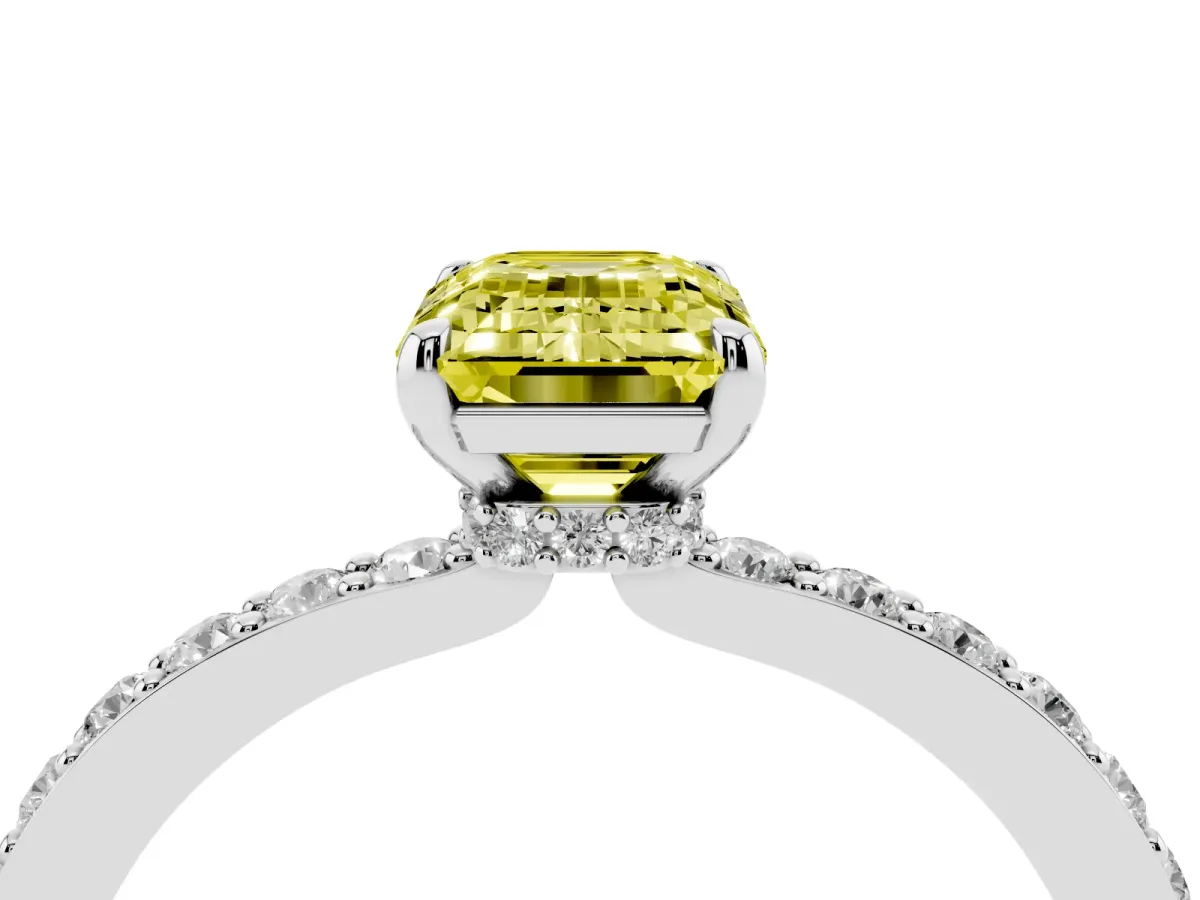 Fancy Yellow Emerald Cut Diamond Pavé Engagement Ring with Round Accents and Prong Setting Platinum