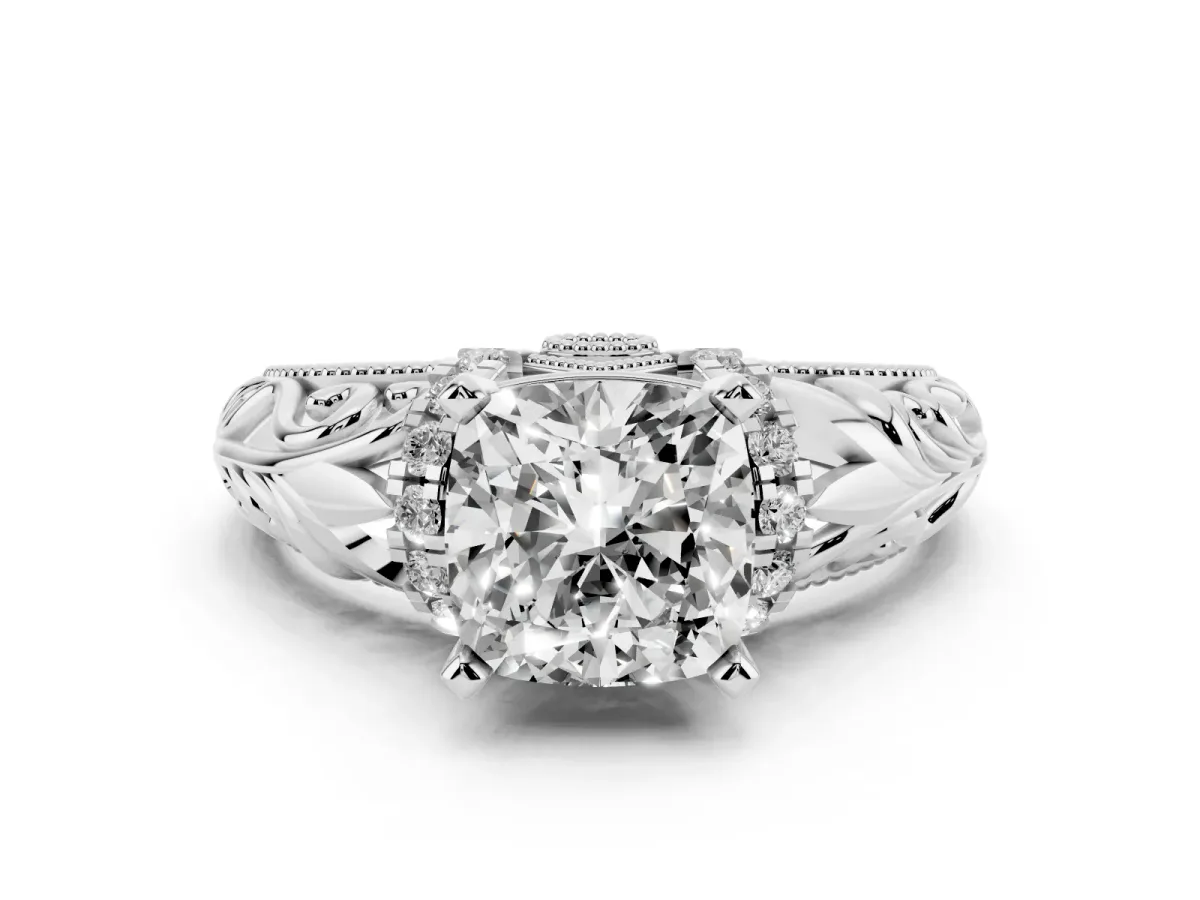 Cushion Cut Solitaire Filigree Engagement Ring with Halo and Prong Setting Silver