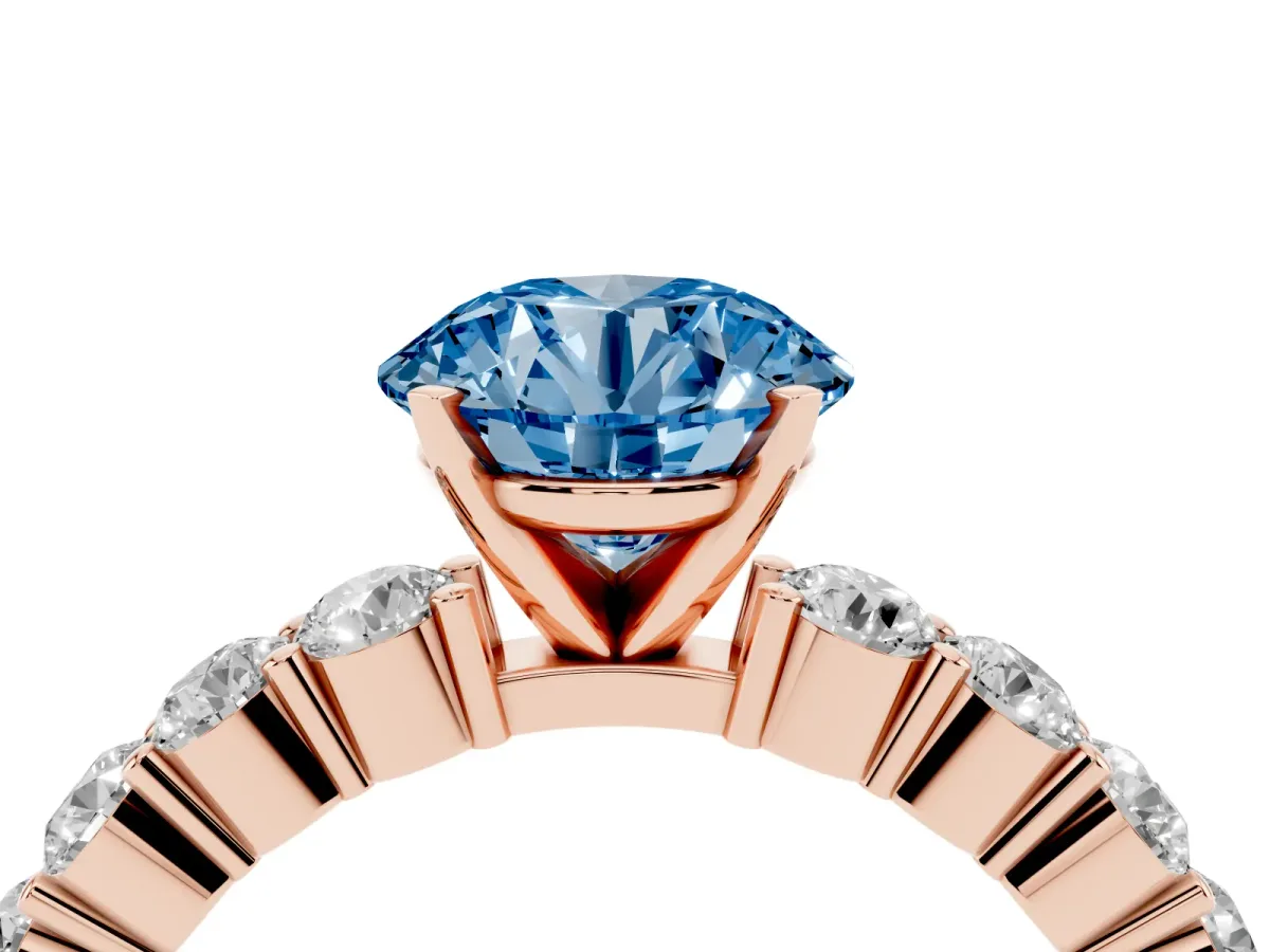 Fancy Blue Round Cut Diamond Solitaire Ring with Shared Prong Round Side Stones Rose gold