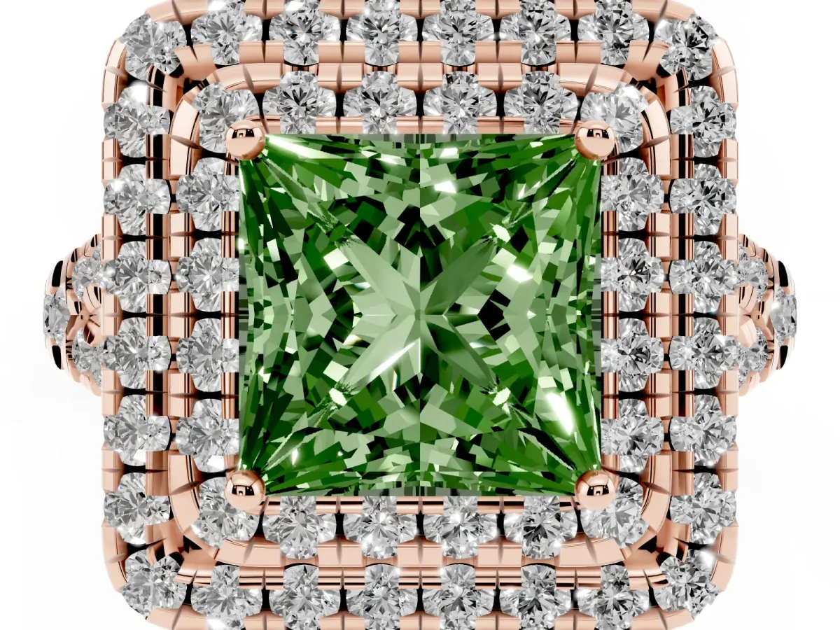 Fancy Green Double Halo Princess Cut Diamond Pavé Split Shank Ring with Prong Setting Rose gold
