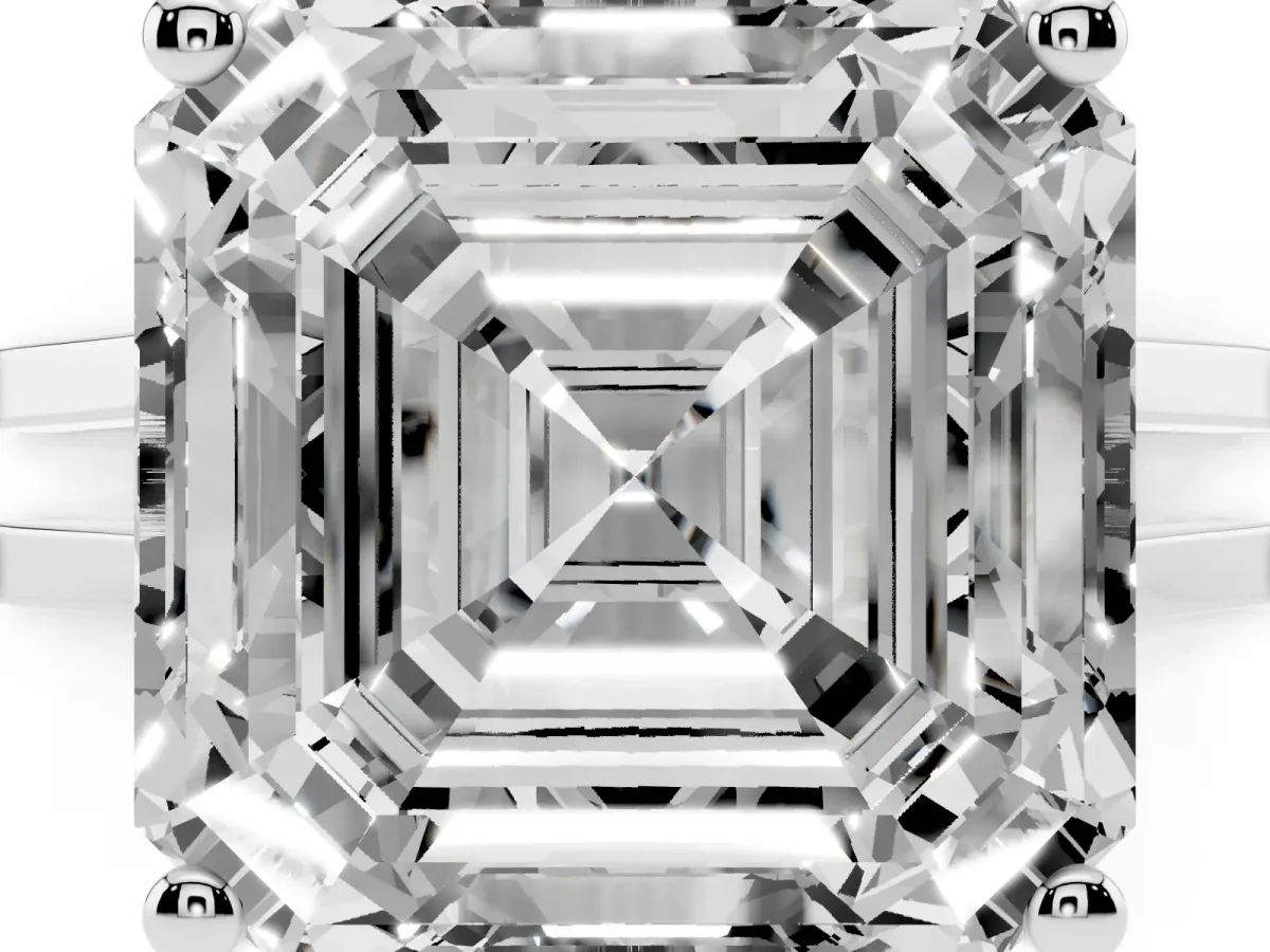 Asscher Cut Cut Diamond Solitaire Engagement Ring with Tapered Plain Band and Four-Prong Setting Silver