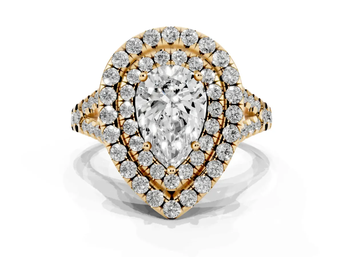 Double Halo Pear Cut Diamond Pavé Split Shank Ring with Prong Setting Yellow gold
