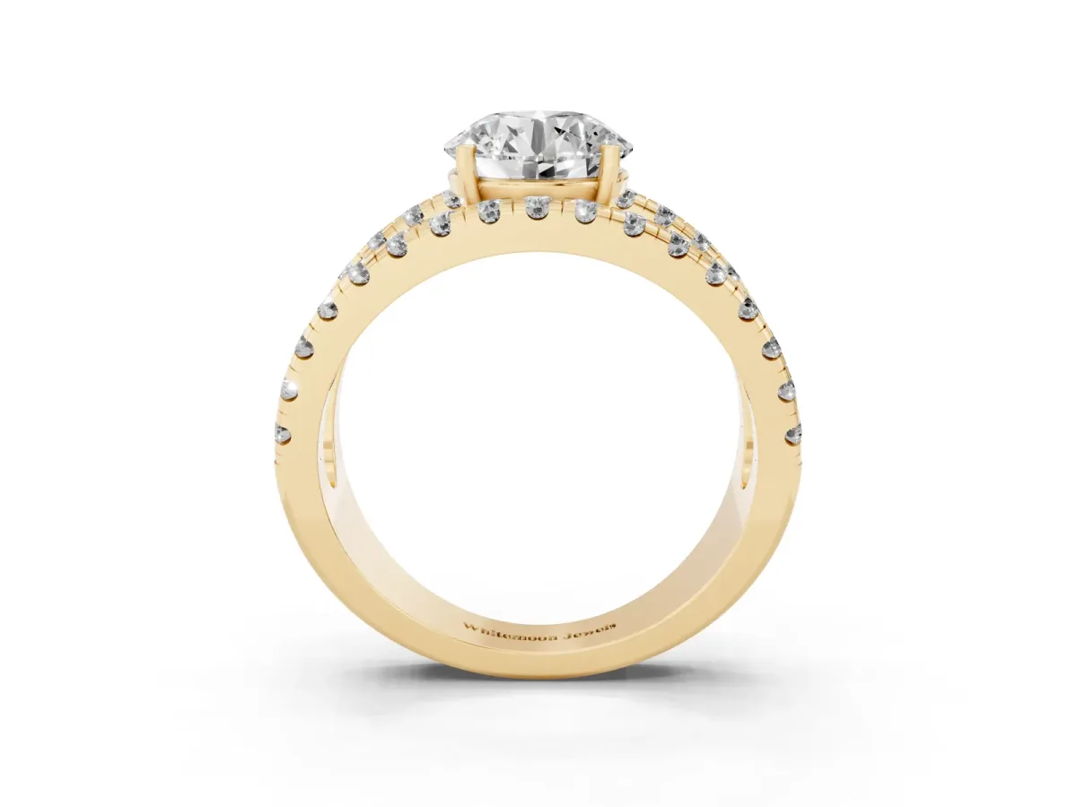 Round Cut Solitaire Split Shank Pave Diamond Ring Yellow gold