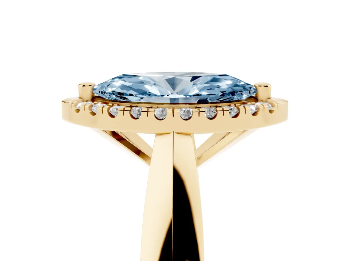 Fancy Blue Marquise Cut Cut Halo Solitaire Engagement Ring with Square Band and Four-Prong Setting Yellow gold