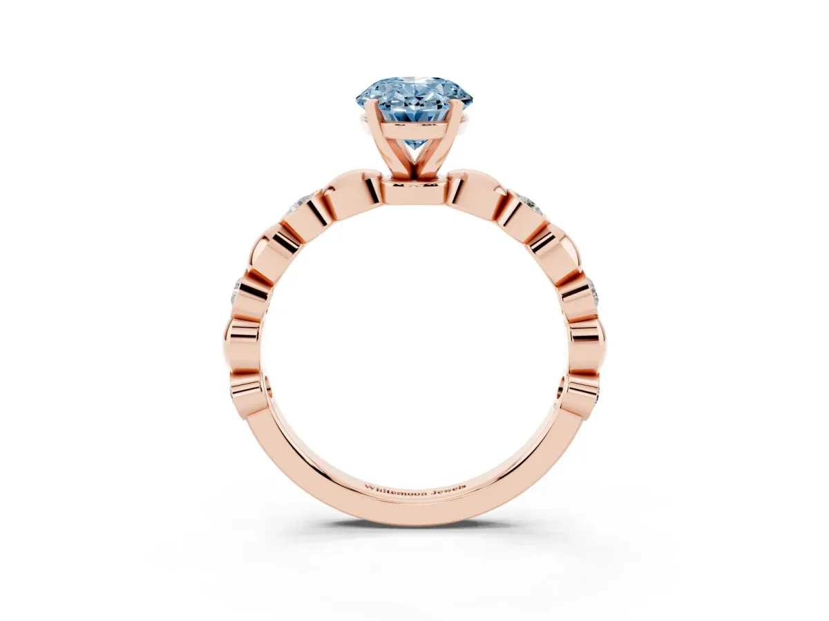 Fancy Blue Oval Cut Solitaire Bezel-Set Diamond Ring with Beaded Band and Four-Prong Setting Rose gold