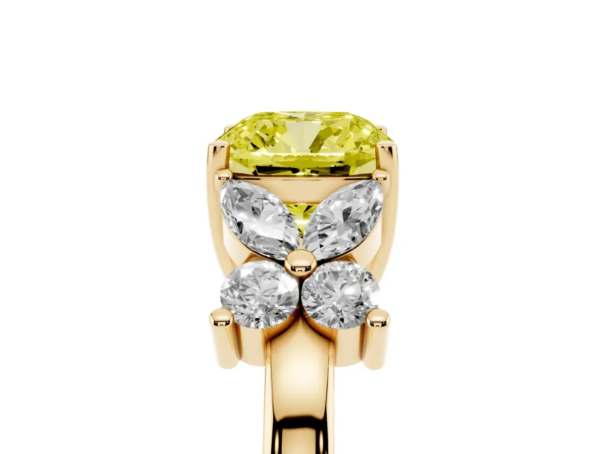 Fancy Yellow Cushion Cut Diamond Floral Cluster Ring with Solitaire Band and Prong Setting Yellow gold