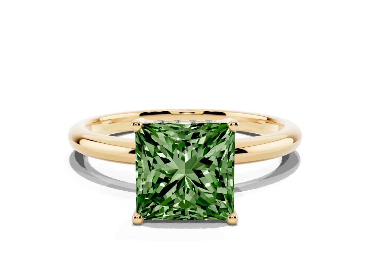 Fancy Green Princess Cut Cut Solitaire Engagement Ring with Four-Prong Setting and Classic Band Yellow gold