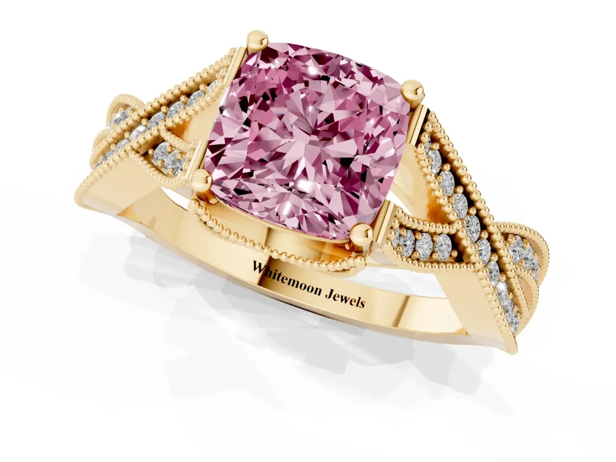 Fancy Pink Cushion Cut Cut Diamond Twisted Band with Milgrain Pave Setting and Four-Prong Setting Yellow gold