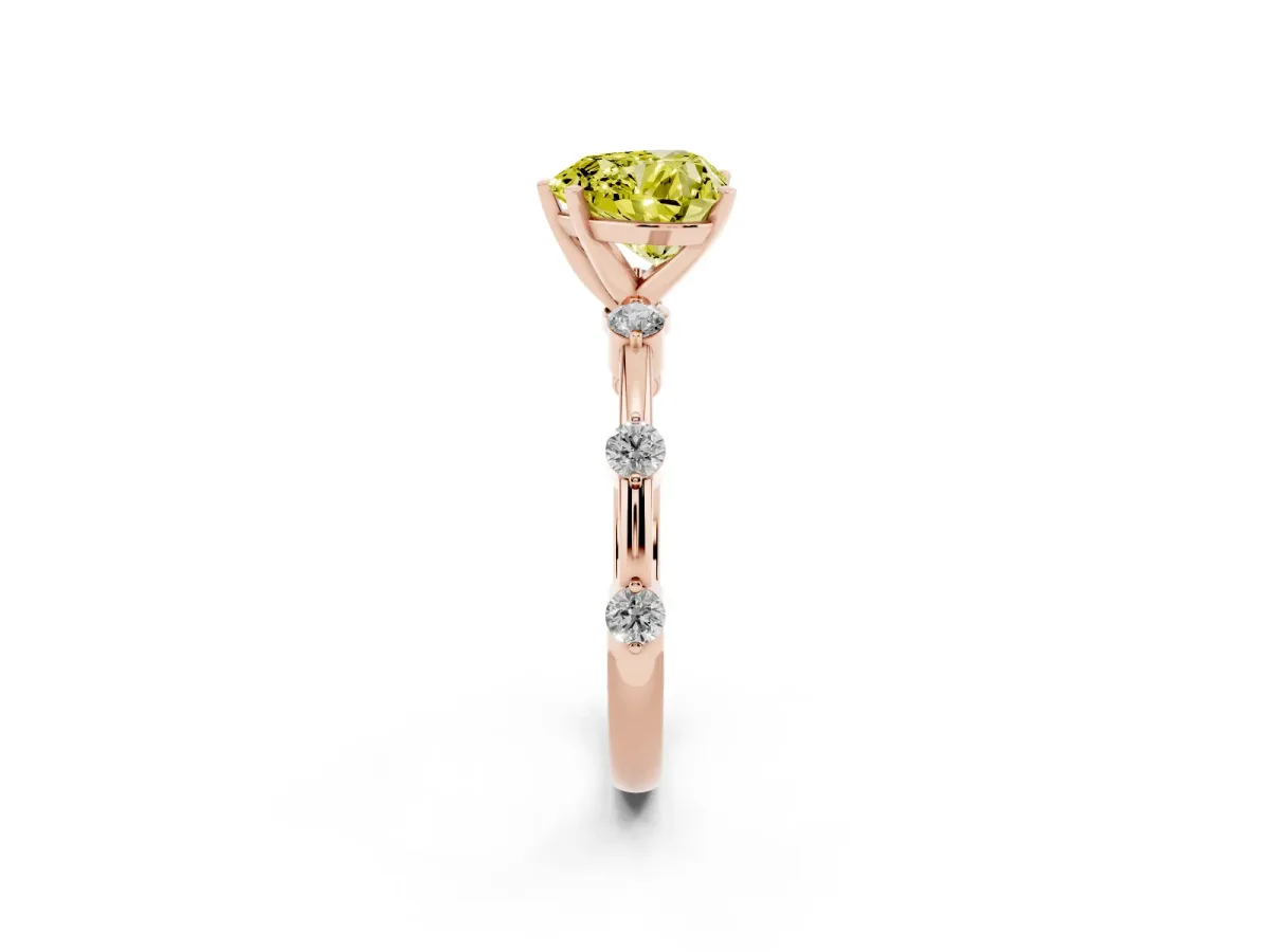 Fancy Yellow Heart Cut Solitaire Diamond Ring with Bezel Set Side Stones and Prong Setting Rose gold