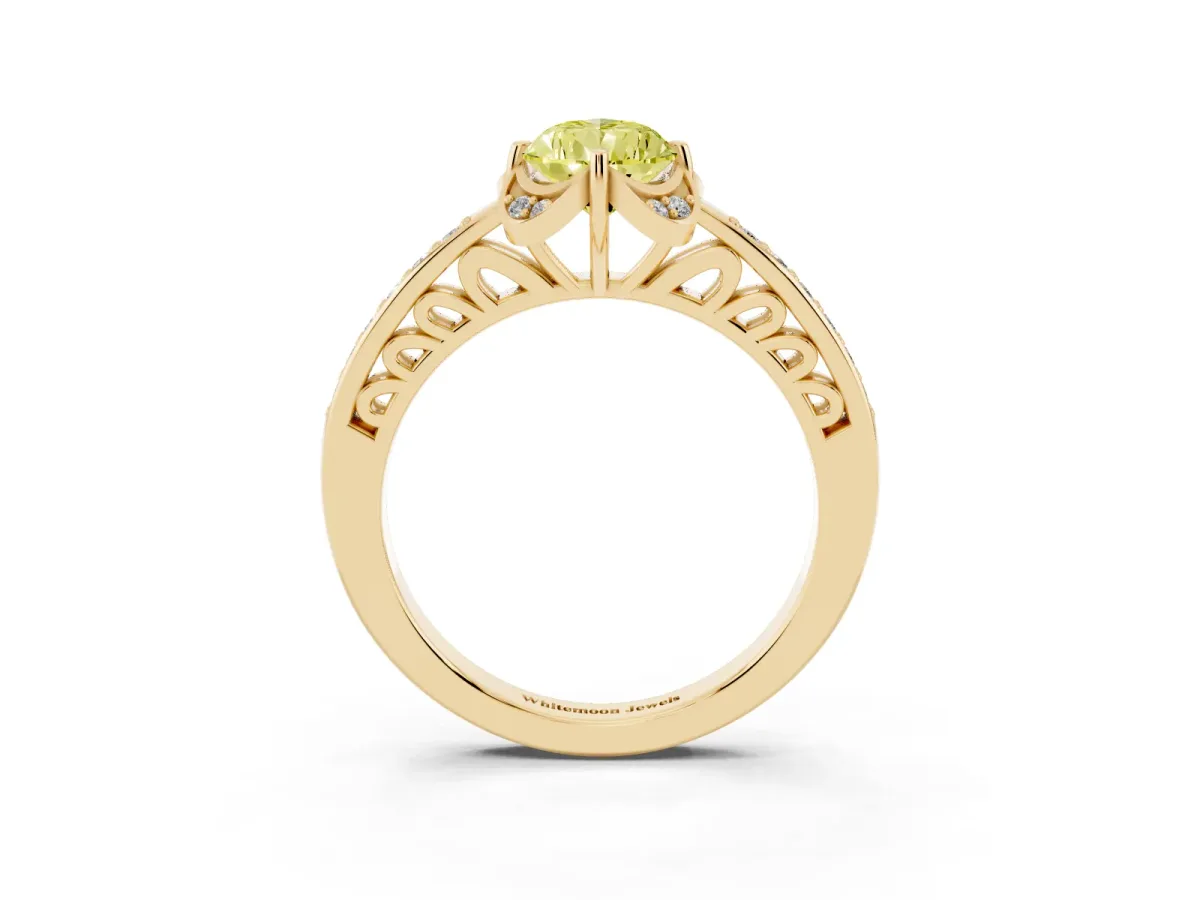 Fancy Yellow Pear Cut Cut Halo Diamond Ring with Channel Set Band and Four-Prong Setting Yellow gold