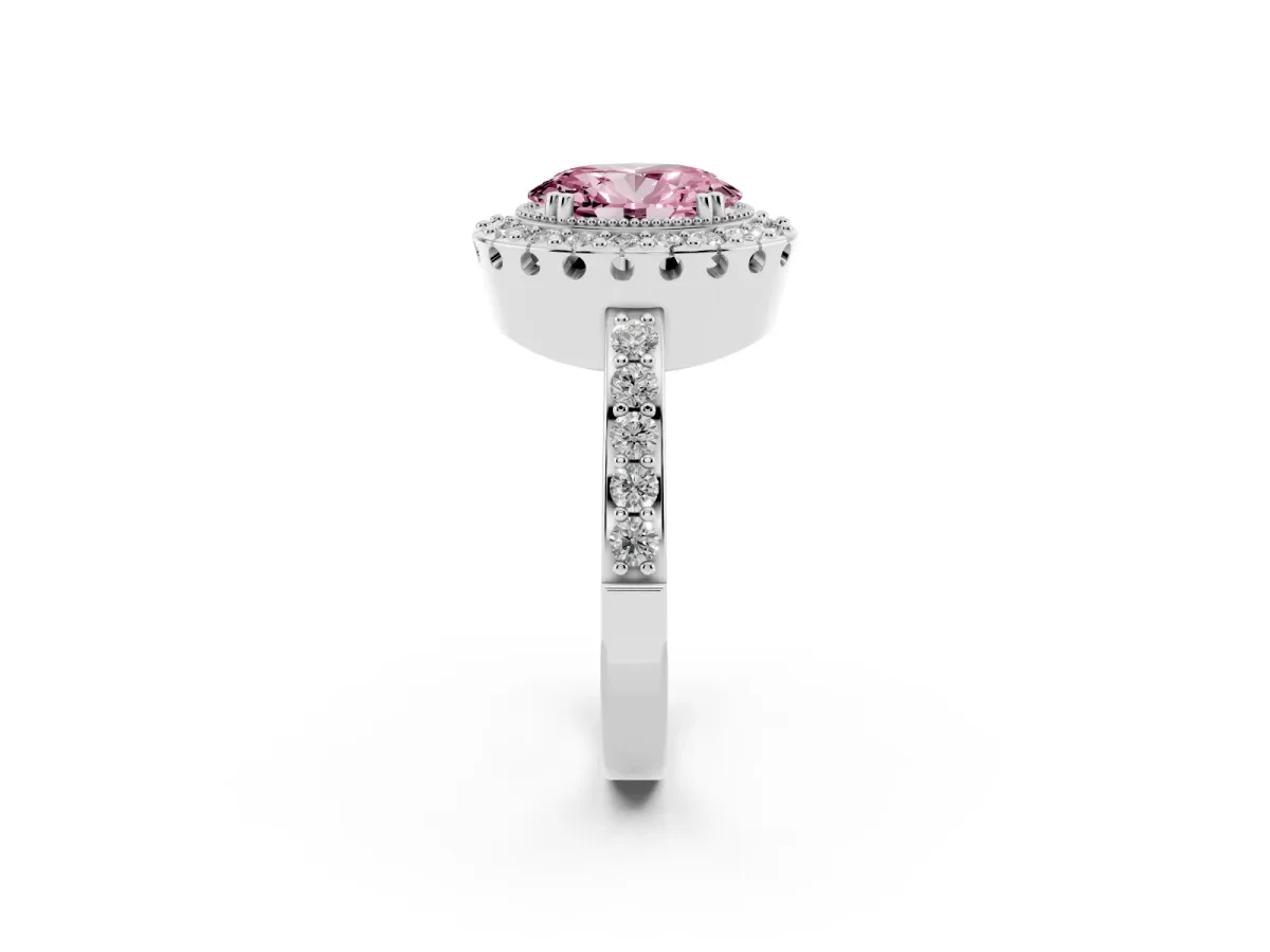 Fancy Pink Oval Cut Diamond Halo Ring with Pavé Band and Prong Setting Silver