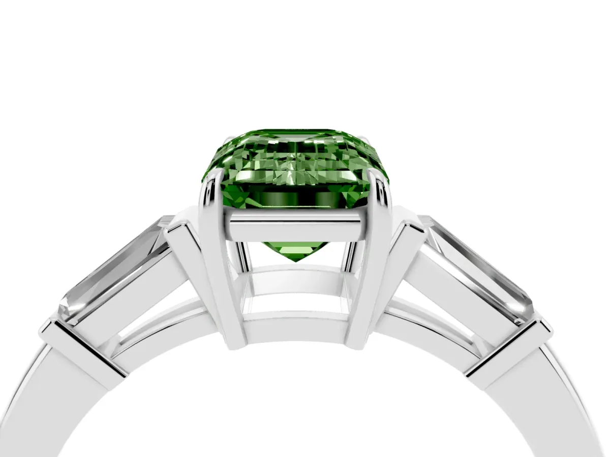 Fancy Green Emerald Cut Diamond Three-Stone Ring with Tapered Baguette Side Stones and Prong Setting Silver